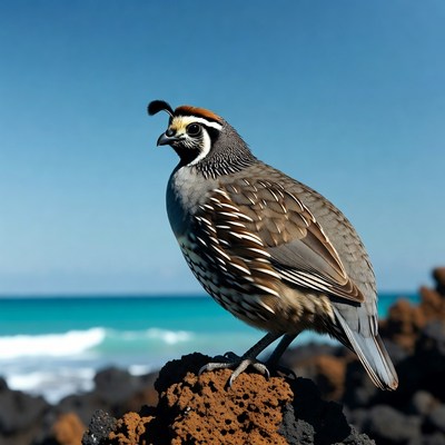 California Quail on lava rock beach