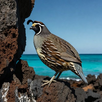 California Quail on Lava Rock Beach