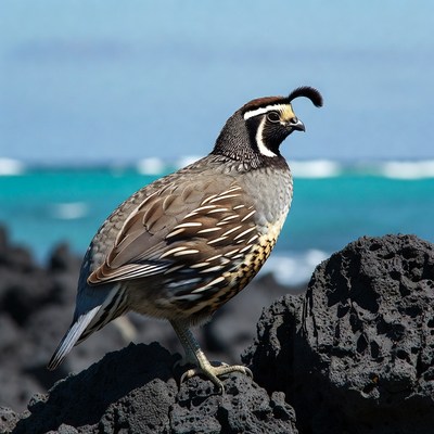 California Quail on volcanic rocks