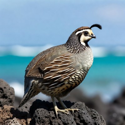California Quail on volcanic rocks