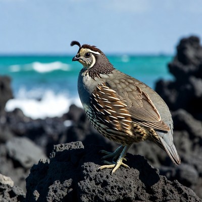 California Quail on black rocks by ocean