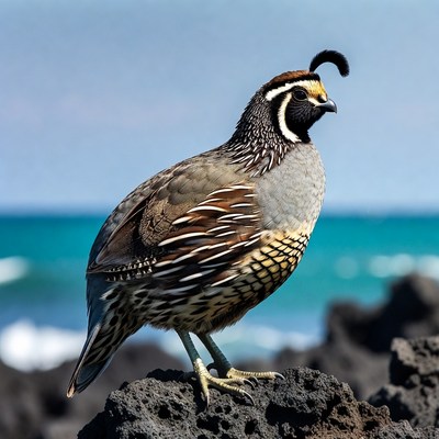 California Quail on rocky beach