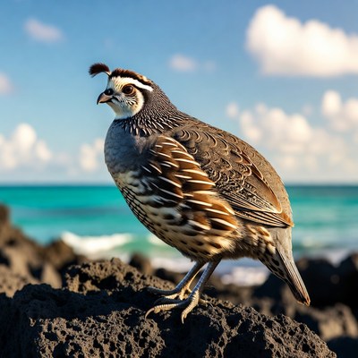 California Quail on rocky beach