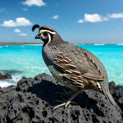 California Quail on black rocks by turquoise sea