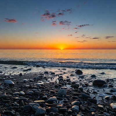 Sunset over pebbly beach