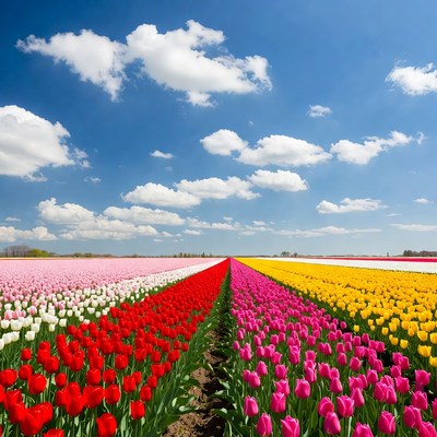 Colorful Tulip Fields Under Blue Sky