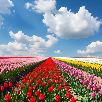 Colorful Tulip Fields Under Blue Sky