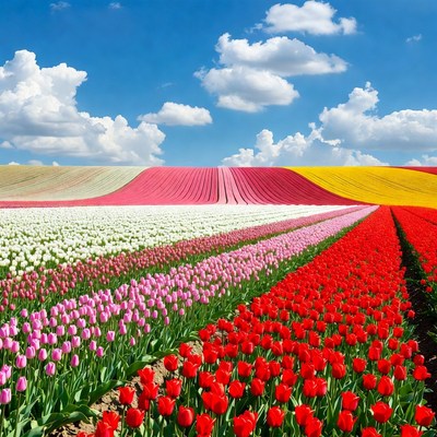 Colorful Tulip Fields Under Blue Sky