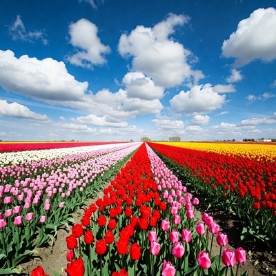 Colorful Tulip Fields Under Blue Sky