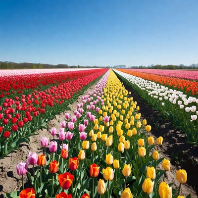 Colorful Tulip Fields Under Blue Sky