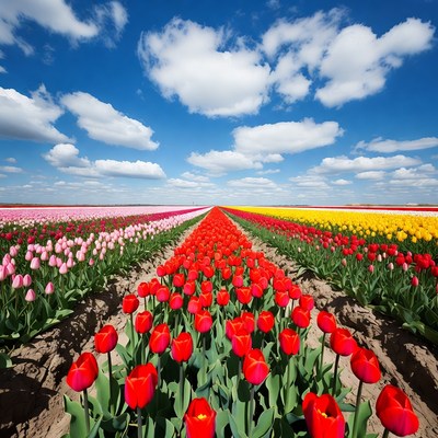 Colorful Tulip Fields Under Blue Sky
