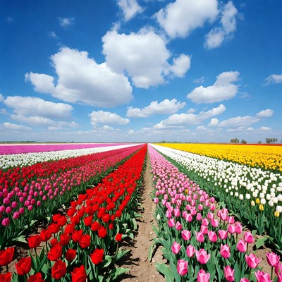 Colorful Tulip Fields Under Blue Sky