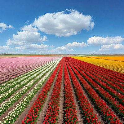 Colorful Tulip Fields Under Blue Sky