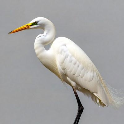 Great Egret Standing on Gray Background