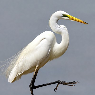 Great Egret Standing on Gray Background