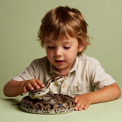 Boy holding ball python snake