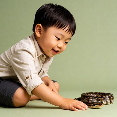 Asian boy touching ball python