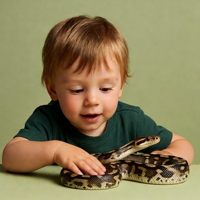 Boy holding ball python snake