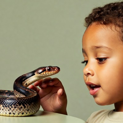 African-American boy touching snake