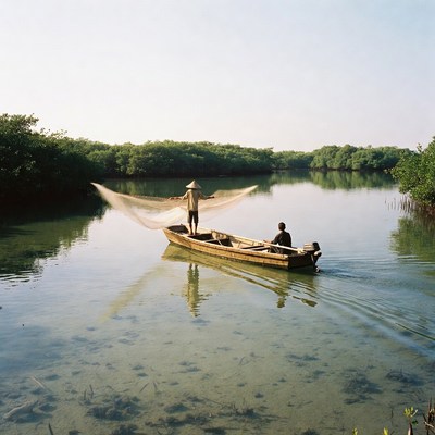 Asian fishermen casting net from boat