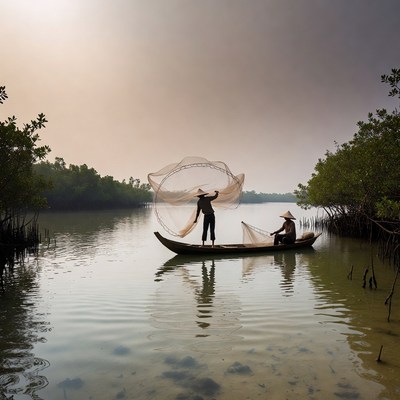 Asian fishermen casting net from boat