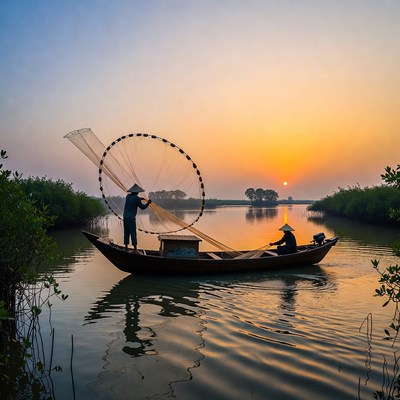 Vietnamese fishermen casting net at sunset