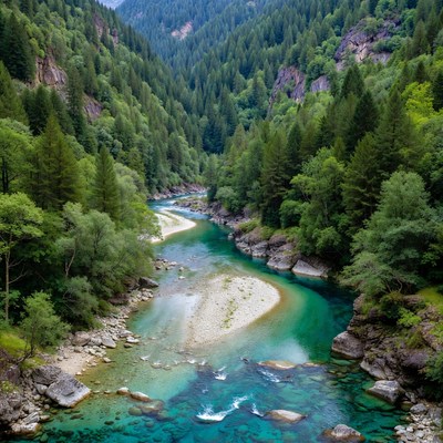 Turquoise River in Alpine Forest Valley