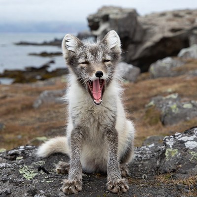 Arctic Fox Yawning on Rocky Coast
