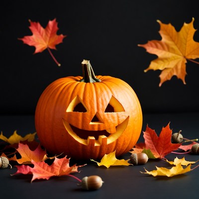 Jack-o'-lantern with autumn leaves
