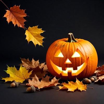 Jack-o'-lantern with autumn leaves