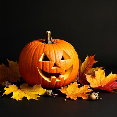 Carved Jack-o'-lantern with autumn leaves