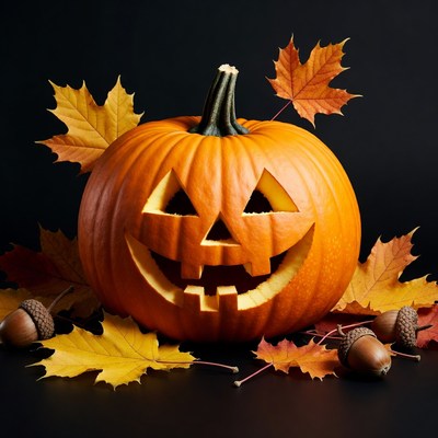 Jack-o'-lantern with autumn leaves and acorns