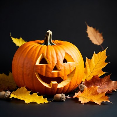 Carved Jack-o-Lantern with Autumn Leaves