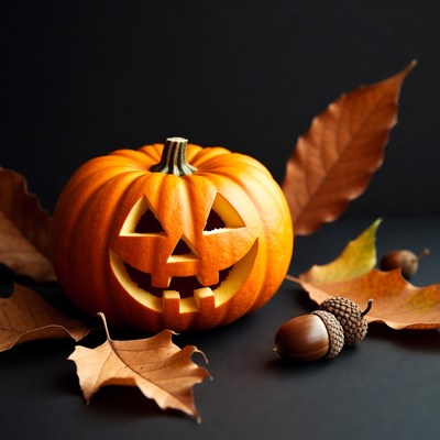 Carved Jack-o-Lantern with Autumn Leaves