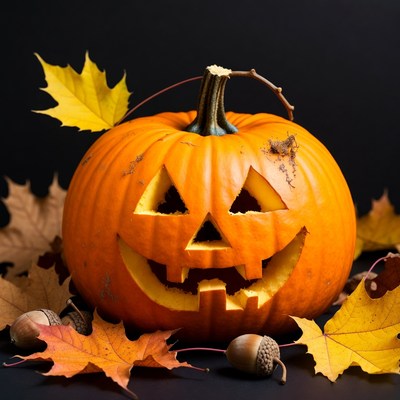 Jack-o'-lantern with autumn leaves