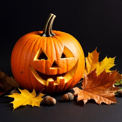 Jack-o'-lantern with autumn leaves