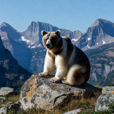Grizzly Bear Sitting on Rocky Mountain