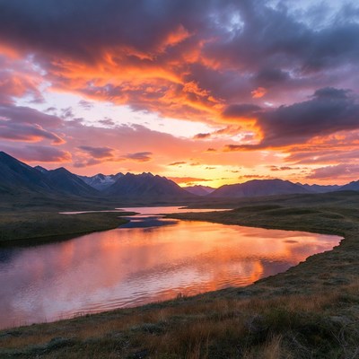 Sunset over mountains and river