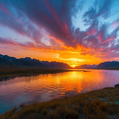 Sunset over mountains and lake