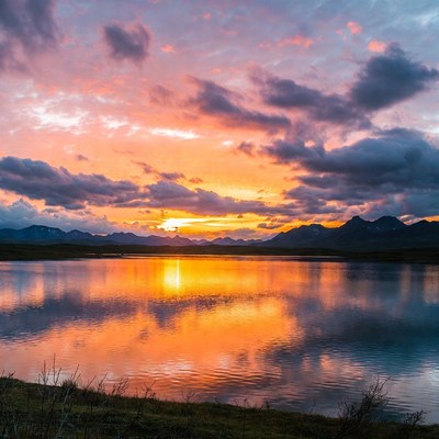 Sunset over Mountain Lake Reflection