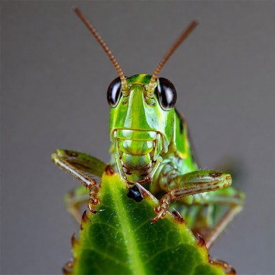 Green grasshopper eating leaf