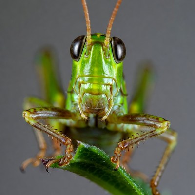 Close-up green grasshopper on leaf