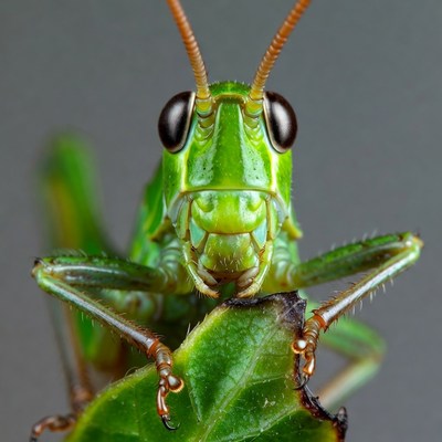 Green grasshopper eating leaf