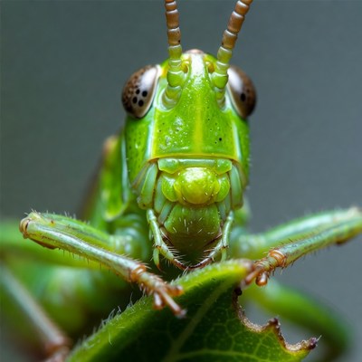 Closeup green grasshopper eating leaf