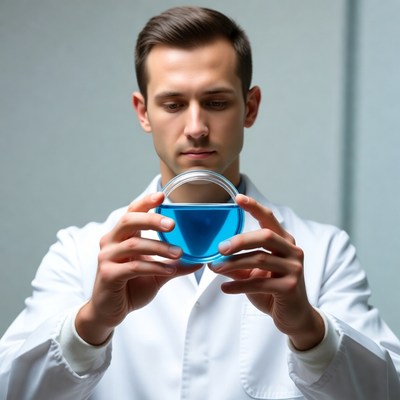 Man holding blue liquid petri dish