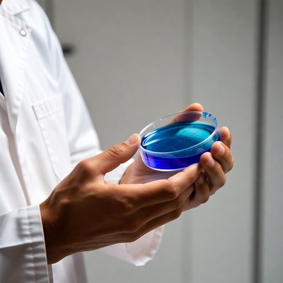 Scientist holding blue petri dish