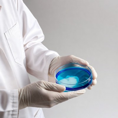 Scientist holding blue petri dish