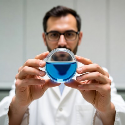 Man holding blue liquid petri dish