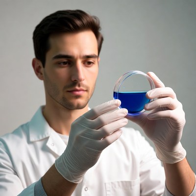 Man holding blue liquid beaker