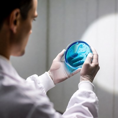 Scientist holding blue petri dish